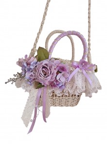 Pastoral Style Classic Lolita Exquisite Artificial Rose Satin Ribbon Handmade Crossbody Straw Bag