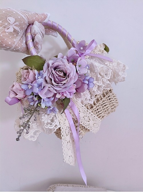 Pastoral Style Classic Lolita Exquisite Artificial Rose Satin Ribbon Handmade Crossbody Straw Bag