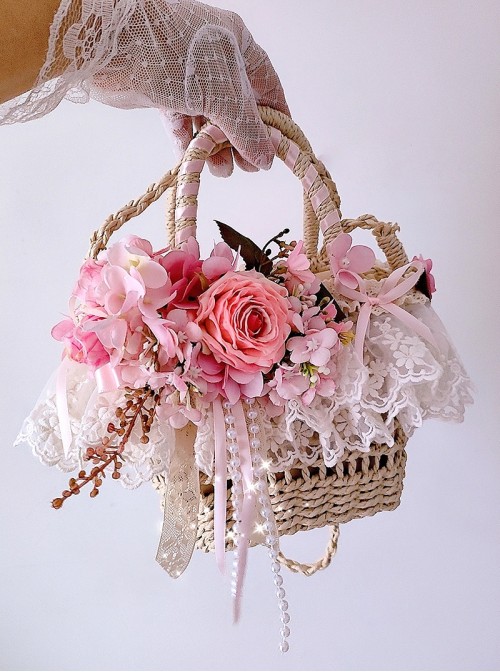 Pastoral Style Classic Lolita Exquisite Artificial Rose Satin Ribbon Handmade Crossbody Straw Bag