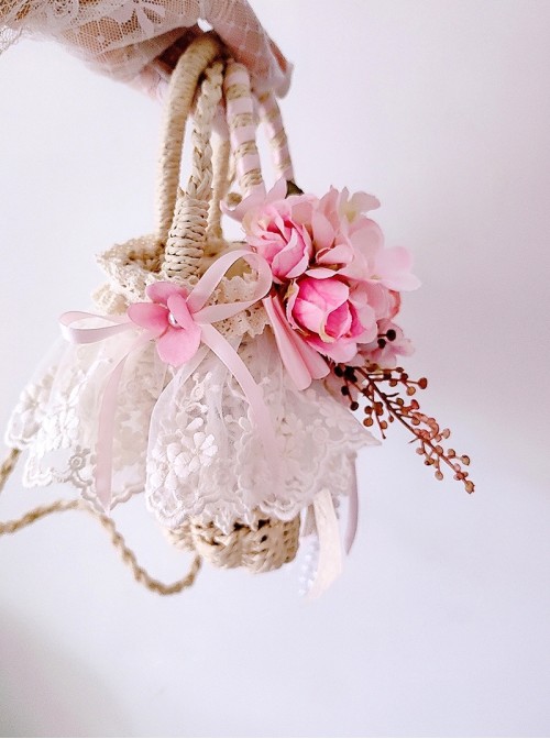 Pastoral Style Classic Lolita Exquisite Artificial Rose Satin Ribbon Handmade Crossbody Straw Bag