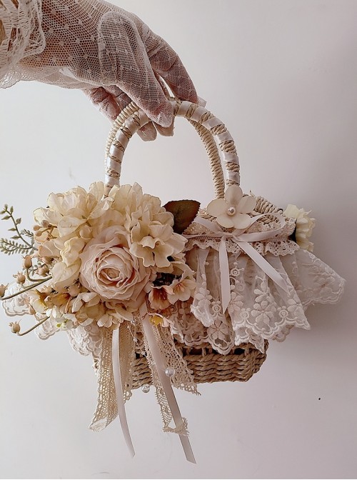 Pastoral Style Classic Lolita Exquisite Artificial Rose Satin Ribbon Handmade Crossbody Straw Bag