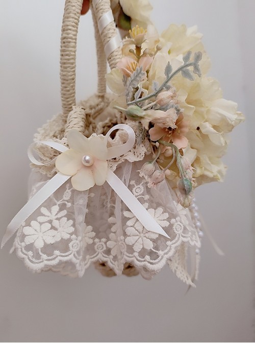 Pastoral Style Classic Lolita Exquisite Artificial Rose Satin Ribbon Handmade Crossbody Straw Bag