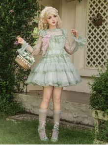 Soda Lime Series Sweet Lolita Light Green Loose Spaghetti Straps Ruffle Sleeveless Dress Chiffon Blouse Set