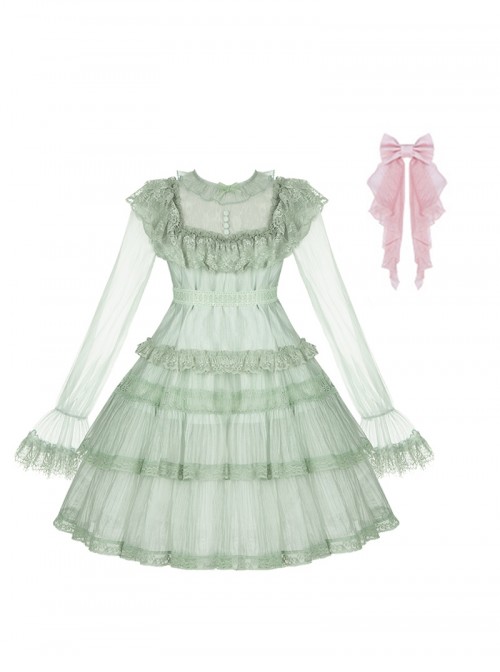 Soda Lime Series Sweet Lolita Light Green Loose Spaghetti Straps Ruffle Sleeveless Dress Chiffon Blouse Set
