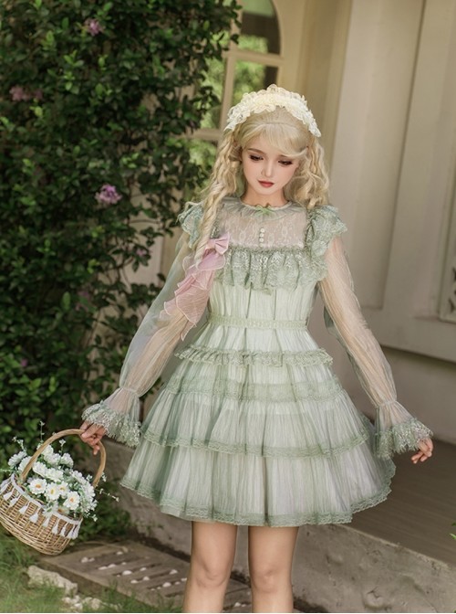 Soda Lime Series Sweet Lolita Light Green Loose Spaghetti Straps Ruffle Sleeveless Dress Chiffon Blouse Set