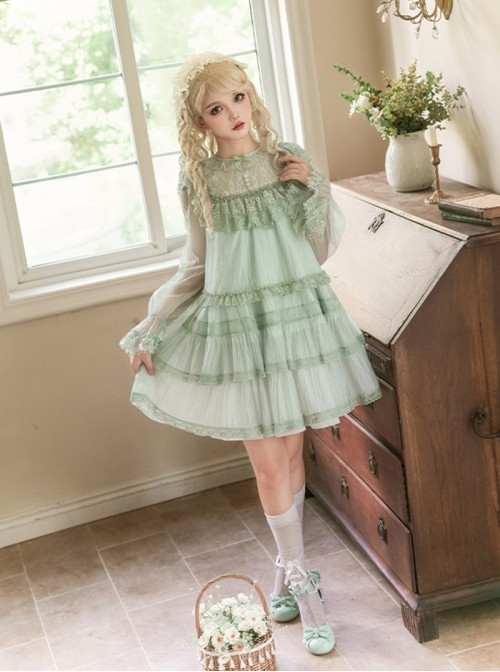 Soda Lime Series Sweet Lolita Light Green Loose Spaghetti Straps Ruffle Sleeveless Dress Chiffon Blouse Set