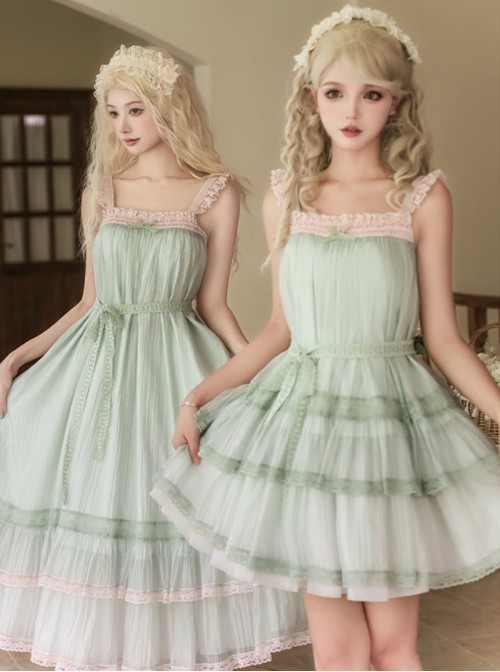Soda Lime Series Sweet Lolita Light Green Loose Spaghetti Straps Ruffle Sleeveless Dress Chiffon Blouse Set