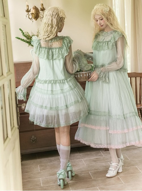 Soda Lime Series Sweet Lolita Light Green Loose Spaghetti Straps Ruffle Sleeveless Dress Chiffon Blouse Set