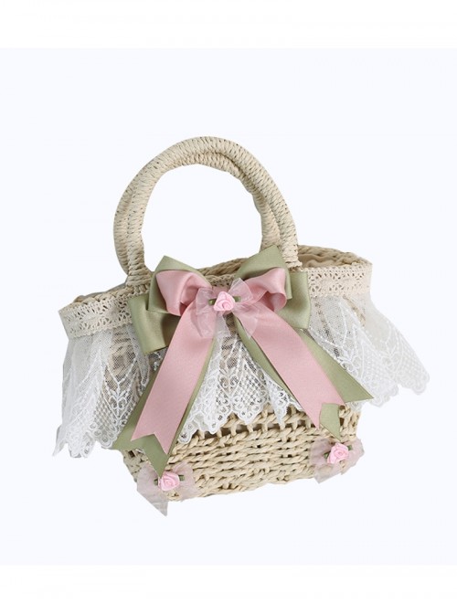 Pink Green Contrast Sweet Lolita Bowknot Light Lace Crossbody Straw Handbag