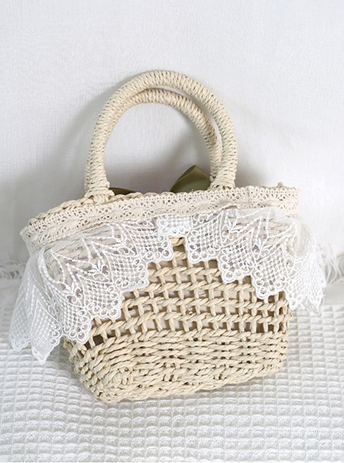Pink Green Contrast Sweet Lolita Bowknot Light Lace Crossbody Straw Handbag