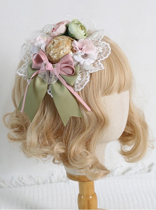 Low Saturation Aesthetic Sweet Lolita Pink Green Contrasting Flower Bud Small Straw Hat