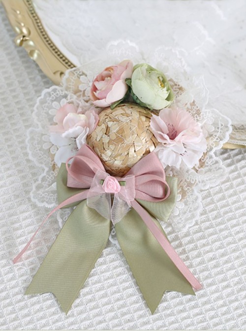 Low Saturation Aesthetic Sweet Lolita Pink Green Contrasting Flower Bud Small Straw Hat