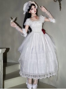 Before Dawn Series Gothic Lolita White Gorgeous Spire Building Print Puff Sleeve Dress Gloves Necklace Headband Set