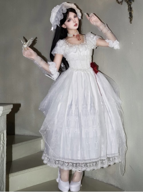 Before Dawn Series Gothic Lolita White Gorgeous Spire Building Print Puff Sleeve Dress Gloves Necklace Headband Set