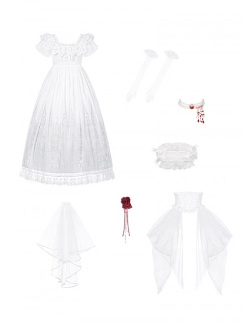 Before Dawn Series Gothic Lolita White Gorgeous Spire Building Print Puff Sleeve Dress Gloves Necklace Headband Set