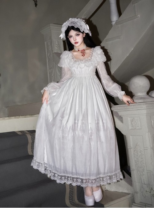 Before Dawn Series Gothic Lolita White Gorgeous Spire Building Print Puff Sleeve Dress Gloves Necklace Headband Set
