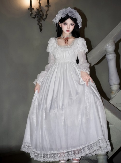 Before Dawn Series Gothic Lolita White Gorgeous Spire Building Print Puff Sleeve Dress Gloves Necklace Headband Set