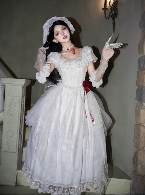 Before Dawn Series Gothic Lolita White Gorgeous Spire Building Print Puff Sleeve Dress Gloves Necklace Headband Set