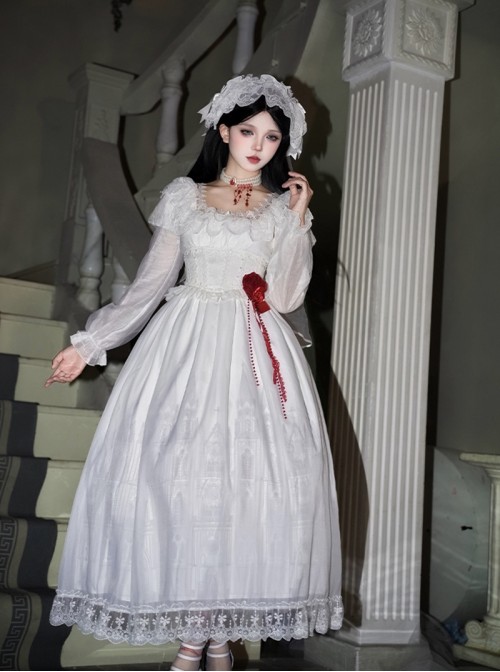 Before Dawn Series Gothic Lolita White Gorgeous Spire Building Print Puff Sleeve Dress Gloves Necklace Headband Set