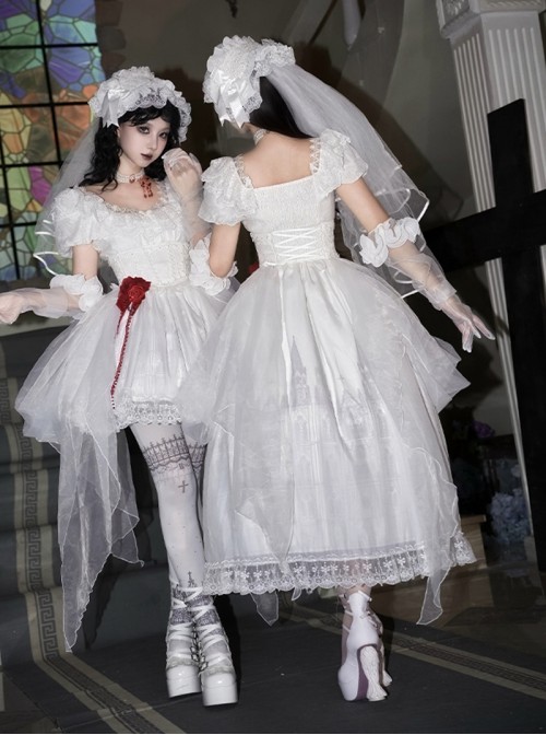 Before Dawn Series Gothic Lolita White Gorgeous Spire Building Print Puff Sleeve Dress Gloves Necklace Headband Set