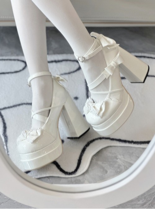 Round Toe Bowknot Sweet Lolita High Waterproof Platform Cross Strap Mary Jane High Heels