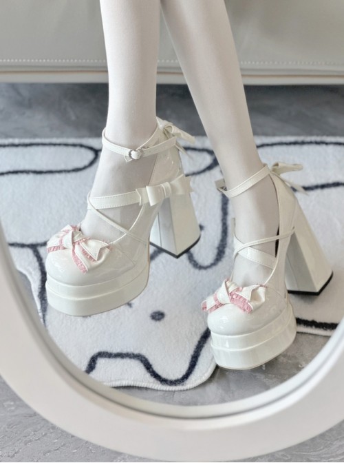Round Toe Bowknot Sweet Lolita High Waterproof Platform Cross Strap Mary Jane High Heels