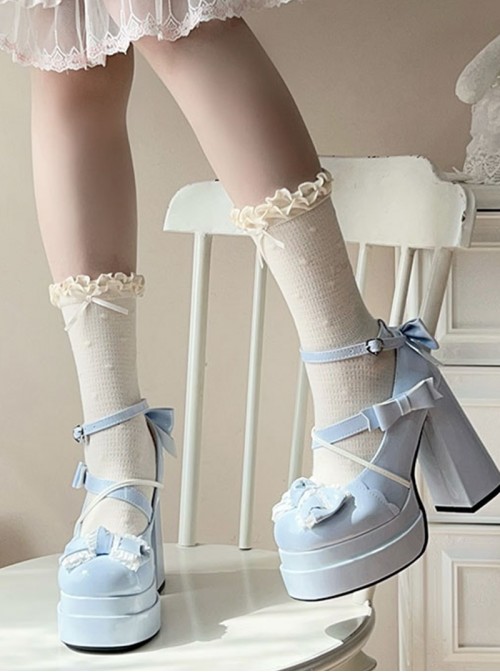 Round Toe Bowknot Sweet Lolita High Waterproof Platform Cross Strap Mary Jane High Heels