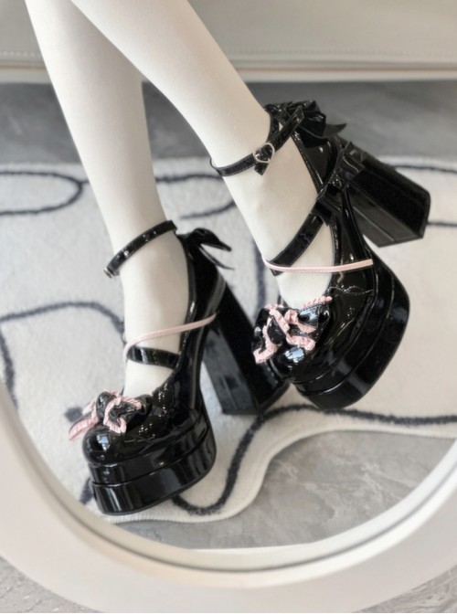 Round Toe Bowknot Sweet Lolita High Waterproof Platform Cross Strap Mary Jane High Heels