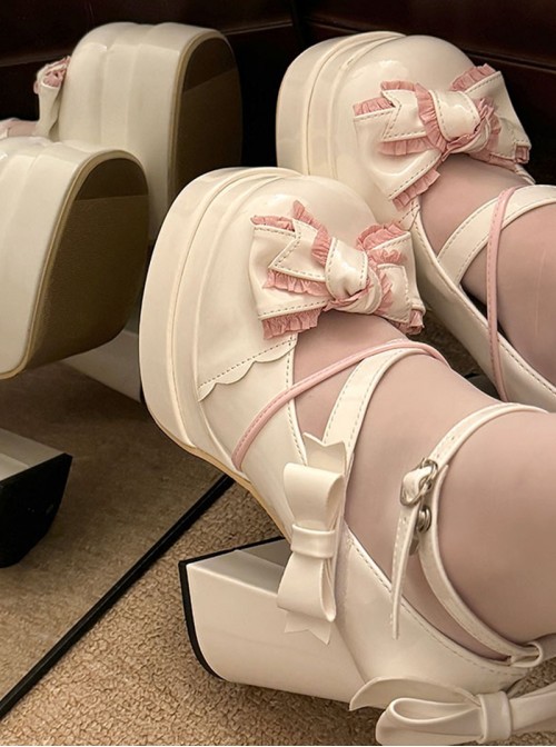 Round Toe Bowknot Sweet Lolita High Waterproof Platform Cross Strap Mary Jane High Heels