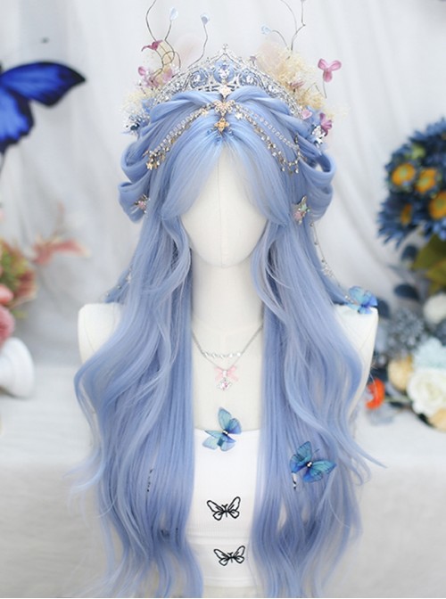 Shadow Series Classic Lolita Elegant Sweet Anime Feeling Blue Mid Split Bangs Long Curly Hair