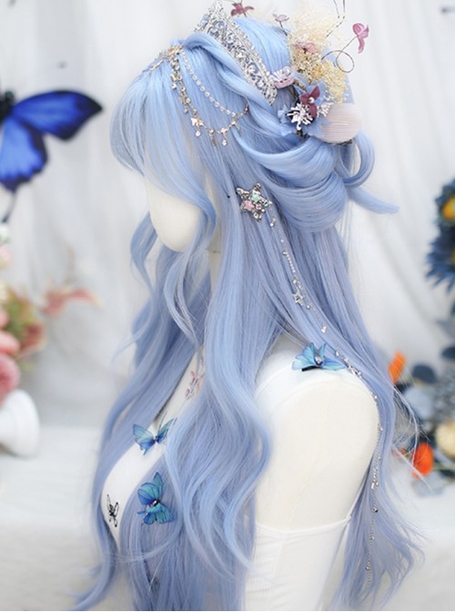 Shadow Series Classic Lolita Elegant Sweet Anime Feeling Blue Mid Split Bangs Long Curly Hair