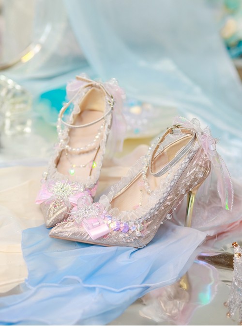 Mermaid Series Shiny Scales Dreamy Classic Lolita Handmade Mesh Lace Pearl Pointed High Heels
