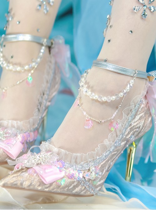 Mermaid Series Shiny Scales Dreamy Classic Lolita Handmade Mesh Lace Pearl Pointed High Heels