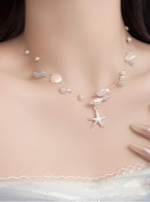 Ocean Style Dreamy Sweet Kawaii Fashion Mermaid Princess Pearl Shell Starfish Necklace