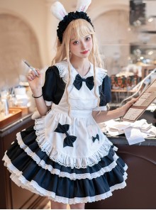 Cute Doll Collar Lace Apron Bibs Bowknot Sweet Classic Lolita Maid Puff Sleeves Dress