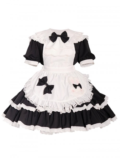 Cute Doll Collar Lace Apron Bibs Bowknot Sweet Classic Lolita Maid Puff Sleeves Dress