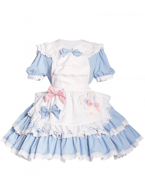 Cute Doll Collar Lace Apron Bibs Bowknot Sweet Classic Lolita Maid Puff Sleeves Dress