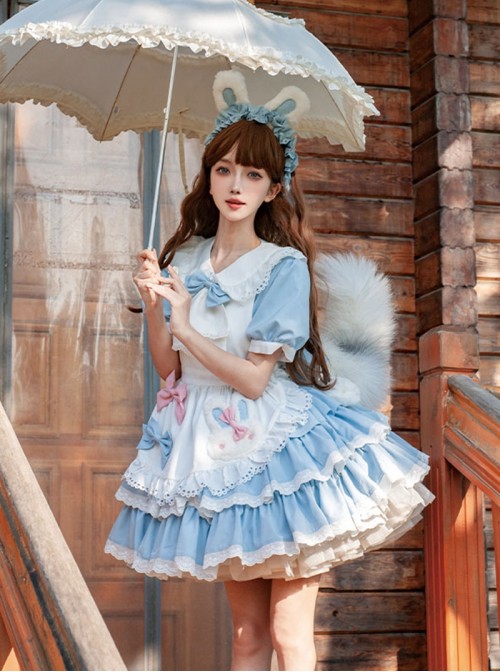 Cute Doll Collar Lace Apron Bibs Bowknot Sweet Classic Lolita Maid Puff Sleeves Dress