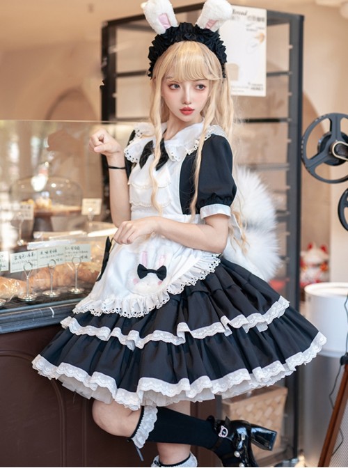 Cute Doll Collar Lace Apron Bibs Bowknot Sweet Classic Lolita Maid Puff Sleeves Dress