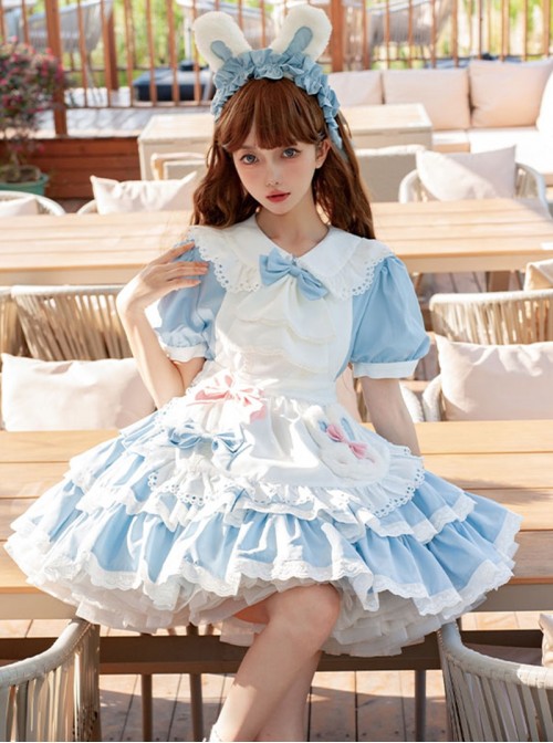 Cute Doll Collar Lace Apron Bibs Bowknot Sweet Classic Lolita Maid Puff Sleeves Dress