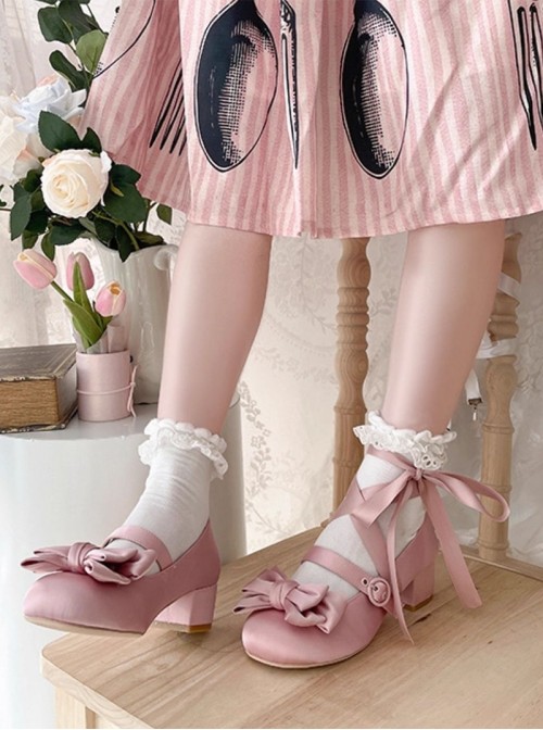 Sissi Series Sweet Lolita Round Toe Grace Ballet Style Satin Bowknot Ribbon Mary Jane Shoes