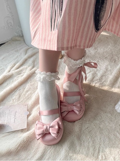 Sissi Series Sweet Lolita Round Toe Grace Ballet Style Satin Bowknot Ribbon Mary Jane Shoes