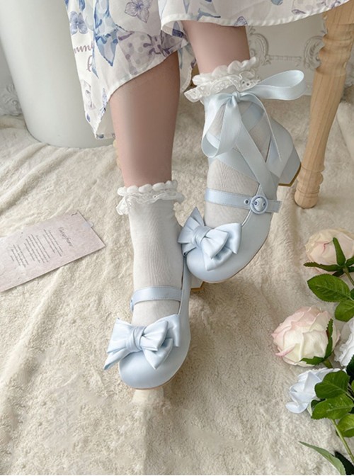 Sissi Series Sweet Lolita Round Toe Grace Ballet Style Satin Bowknot Ribbon Mary Jane Shoes
