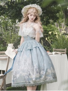 Snow Country Dream Series Light Blue Daily Lace Cape Elegant And Gorgeous Castle Cloud Print Cross Decorated Classic Lolita Slip Dress
