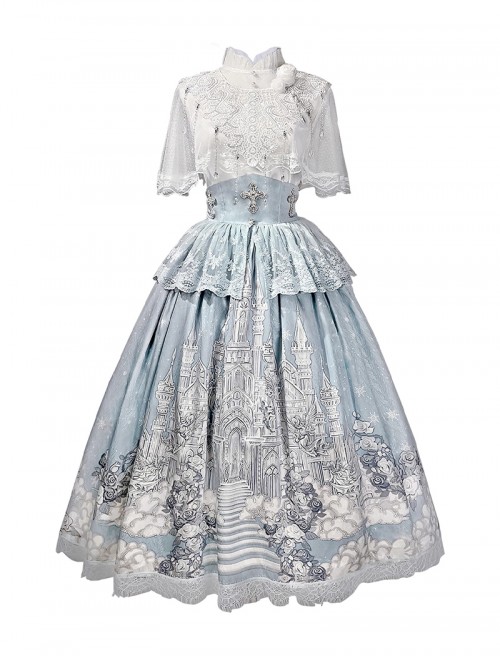 Snow Country Dream Series Light Blue Daily Lace Cape Elegant Gorgeous Castle Cloud Print Cross Decorated Classic Lolita Suspender Skirt Set