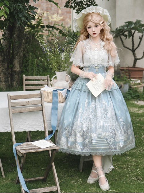 Snow Country Dream Series Light Blue Daily Lace Cape Elegant Gorgeous Castle Cloud Print Cross Decorated Classic Lolita Suspender Skirt Set