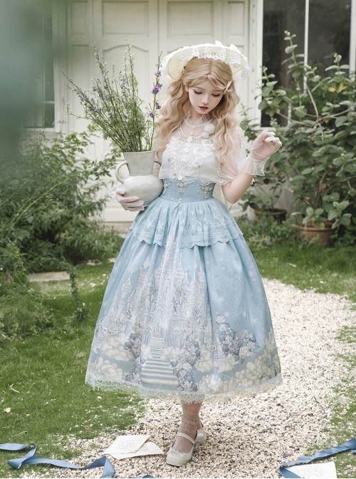 Snow Country Dream Series Light Blue Daily Lace Cape Elegant Gorgeous Castle Cloud Print Cross Decorated Classic Lolita Suspender Skirt Set