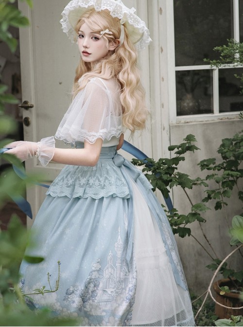 Snow Country Dream Series Light Blue Daily Lace Cape Elegant Gorgeous Castle Cloud Print Cross Decorated Classic Lolita Suspender Skirt Set