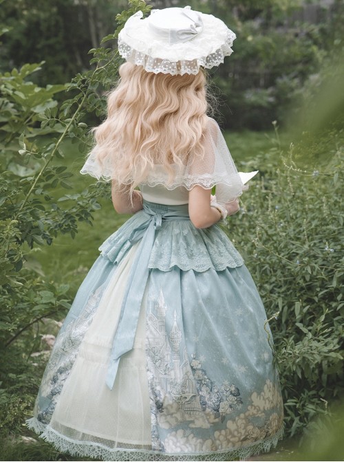 Snow Country Dream Series Light Blue Daily Lace Cape Elegant Gorgeous Castle Cloud Print Cross Decorated Classic Lolita Suspender Skirt Set