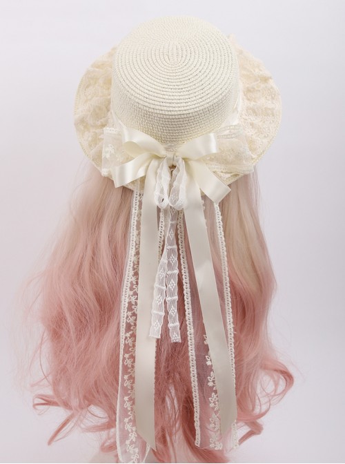 Elegant Pastoral Style White Cute Exquisite Lace Bowknot Ribbon Forest Style Sweet Lolita Straw Hat